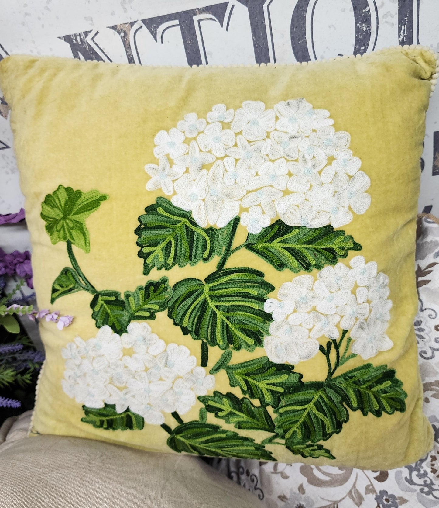 Embroidered White Flower Throw Pillow