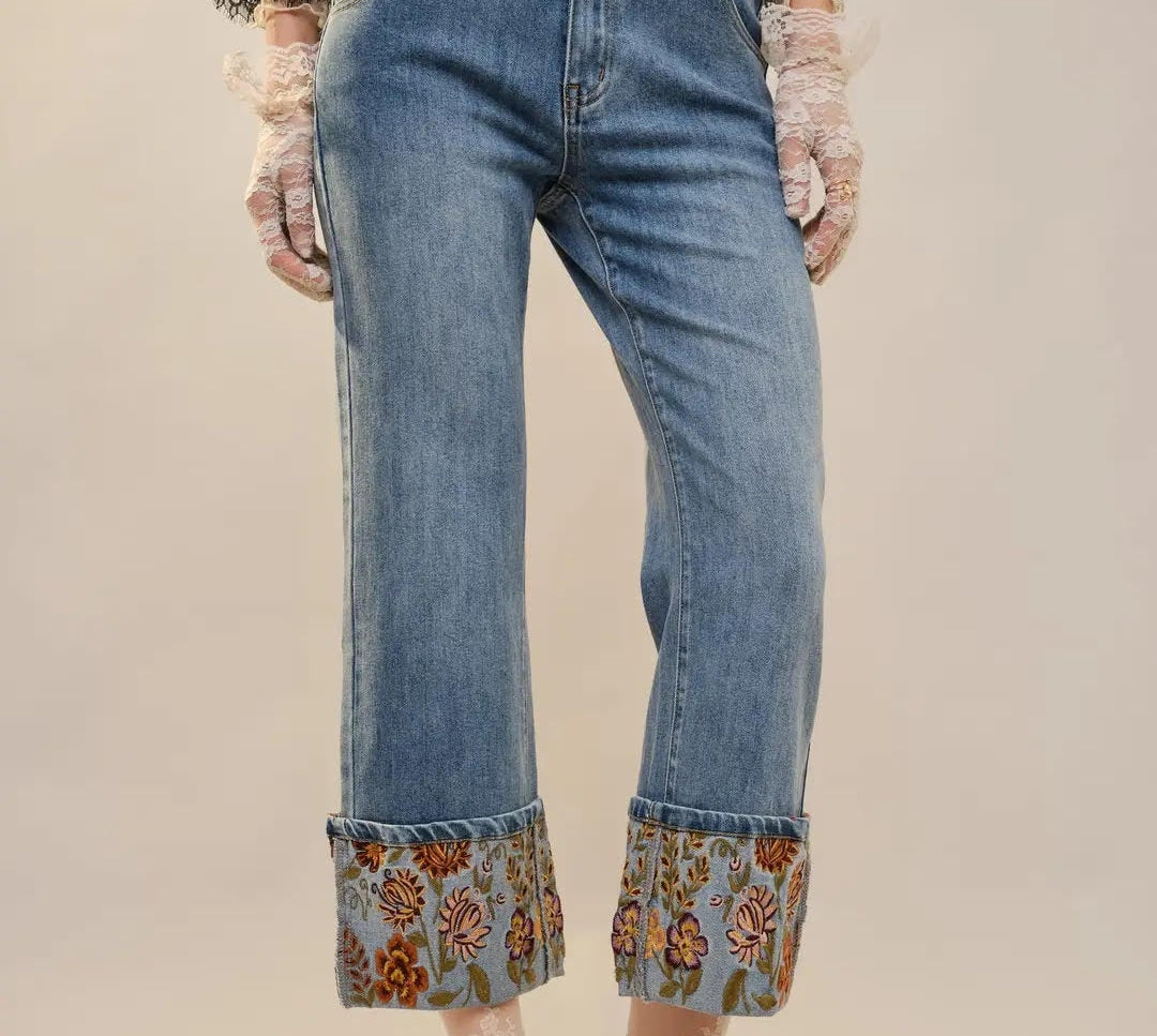 Cuffed Jeans with Embroidered Wildflowers